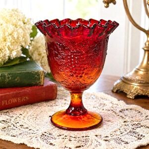VTG LE Smith Amberina Glass Grapes & Leaves Compote Candy Dish Ruffled Rim 5.5"